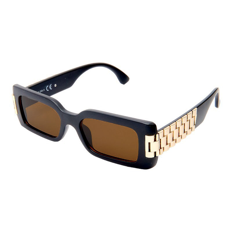 locs Smalle firkantede matsorte solbriller med guld urrem – Brune glas