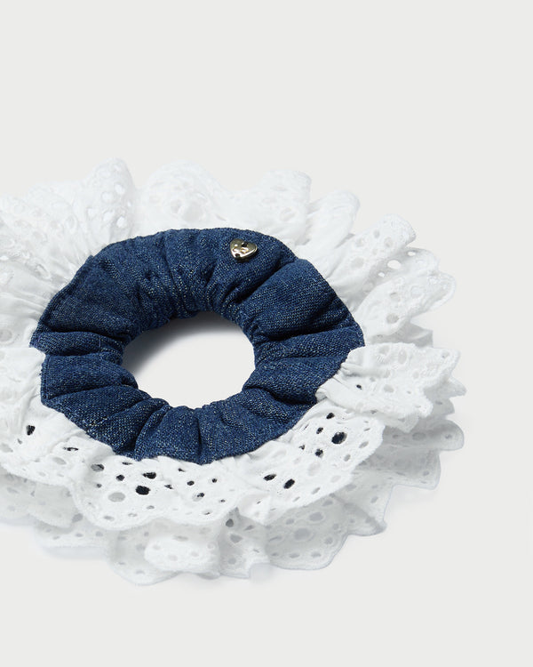 Loeffler Randall Dolly Denim/Cream Embroidered Scrunchie