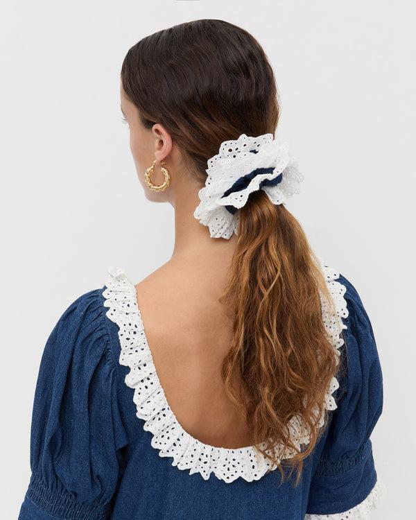 Loeffler Randall Dolly Denim/Cream Embroidered Scrunchie
