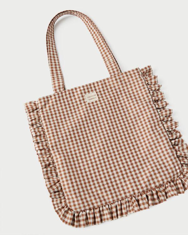 Loeffler Randall Justine Brown/Cream Gingham Ruffle Tote