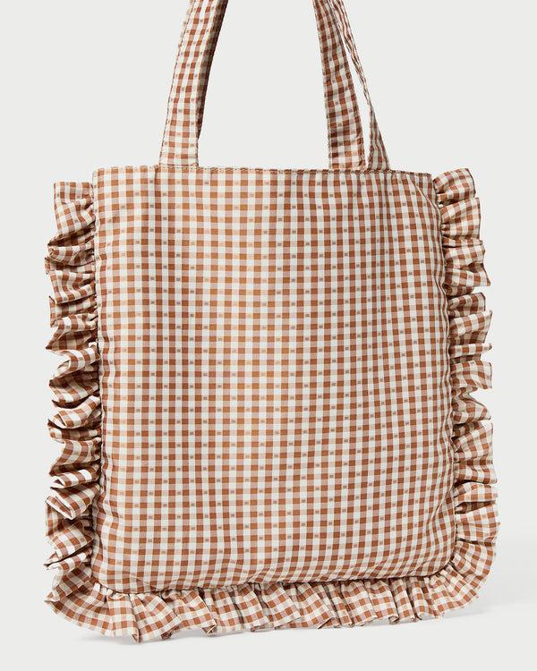 Loeffler Randall Justine Brown/Cream Gingham Ruffle Tote