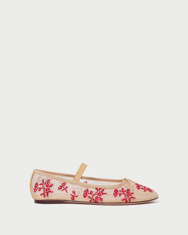 Loeffler Randall Leonie Caramel/Red Embroidered Ballet Flat