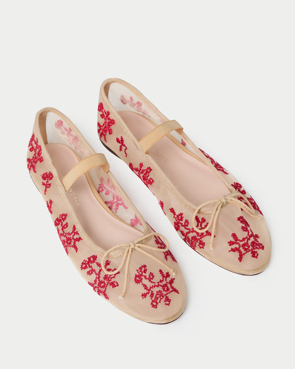Loeffler Randall Leonie Caramel/Red Embroidered Ballet Flat
