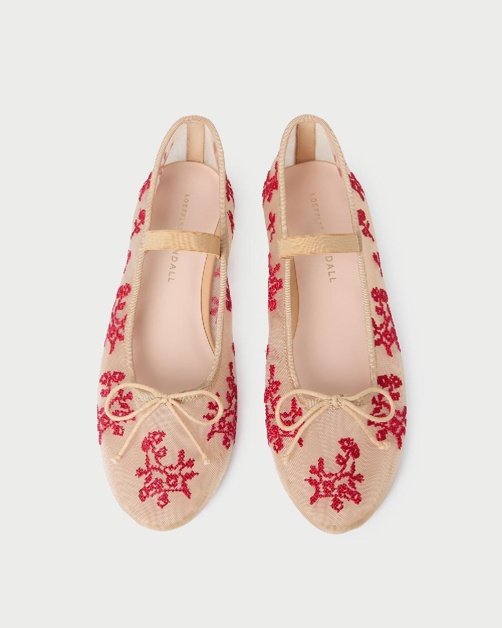 loeffler randall Leonie Caramel/Red Embroidered Ballet Flat