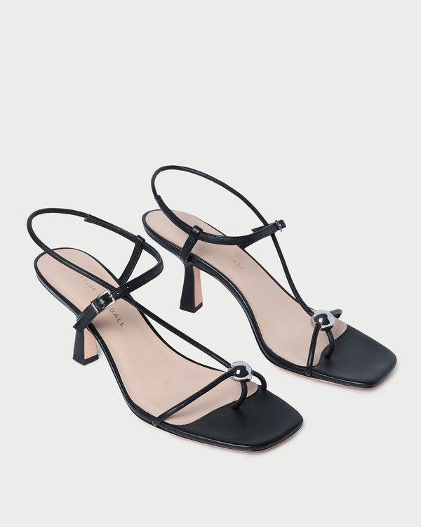 Loeffler Randall Triana Black Leather Mid−Heel Sandal