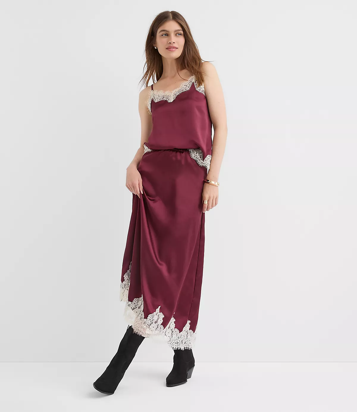 loft Lace Trim Satin Midi Skirt