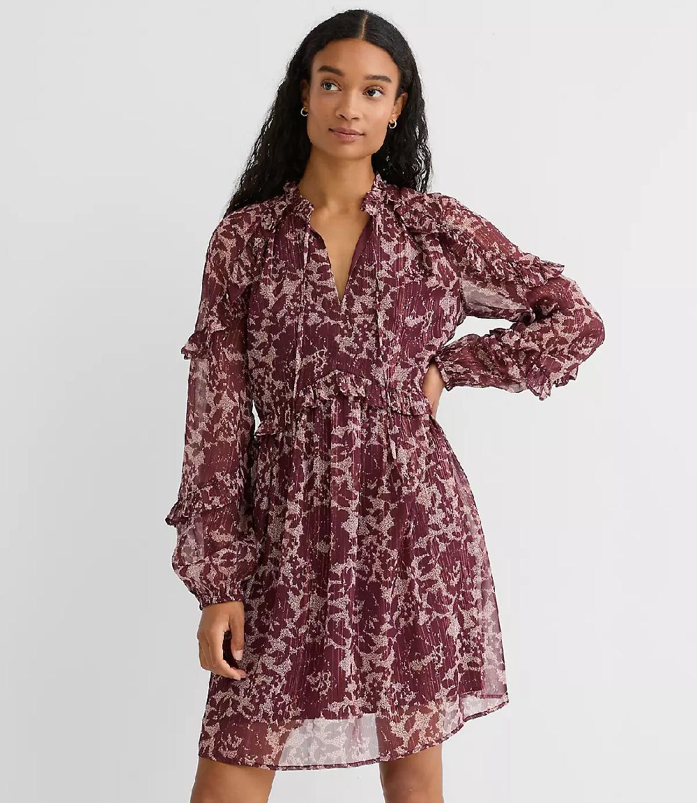 Loft Shimmer Ruffle Tie Neck Mini Dress