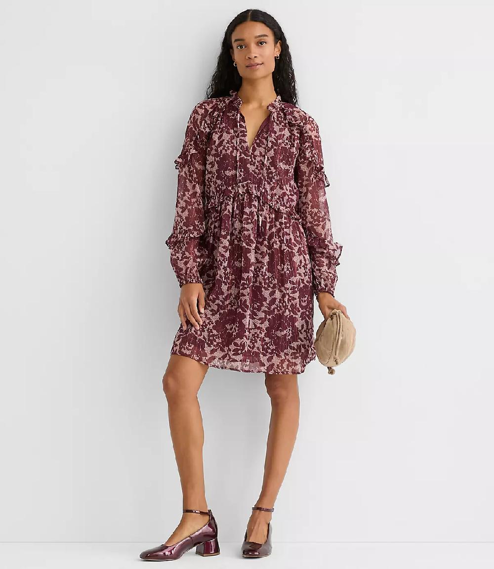 Loft Shimmer Ruffle Tie Neck Mini Dress