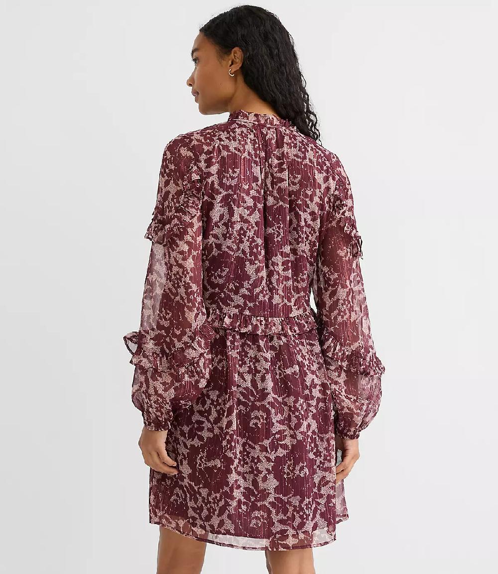 Loft Shimmer Ruffle Tie Neck Mini Dress