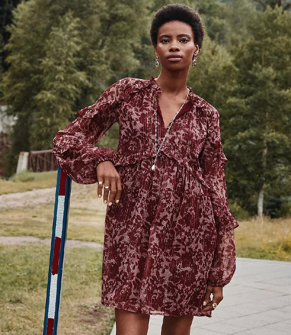 loft Shimmer Ruffle Tie Neck Mini Dress