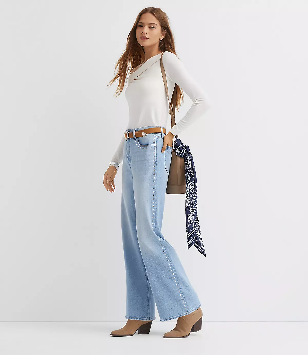 loft Studded High Rise Wide Leg Jeans In Mid Vintage Wash