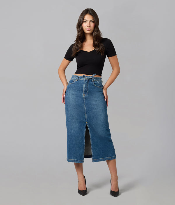 lola jeans HALSTON-FN High Rise Maxi Skirt Film Noir