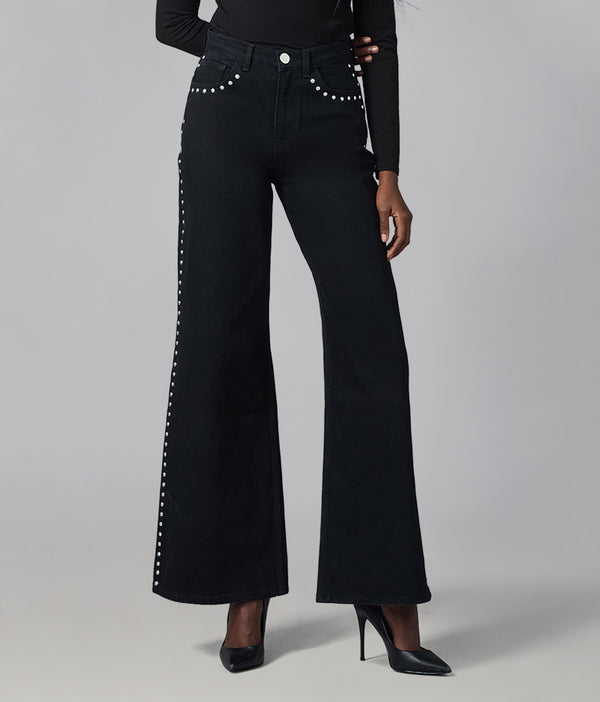 Lola Jeans MILAN-SB Ultra High Rise Wide Leg Jeans Studded Black