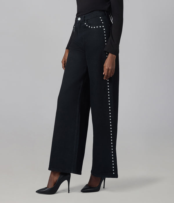 Lola Jeans MILAN-SB Ultra High Rise Wide Leg Jeans Studded Black