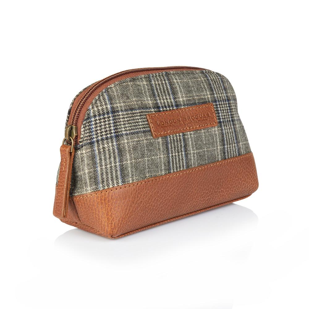 London Brogues Grey Tweed And Leather Washbag