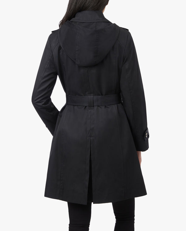 London Fog DOUBLE BREASTED HOODED TRENCH COAT WITH WAIST BELT