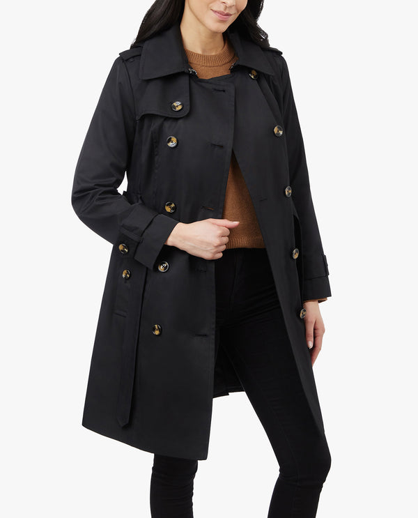 London Fog DOUBLE BREASTED HOODED TRENCH COAT WITH WAIST BELT