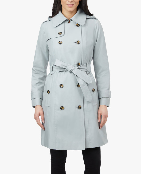 London Fog DOUBLE BREASTED HOODED TRENCH COAT WITH WAIST BELT