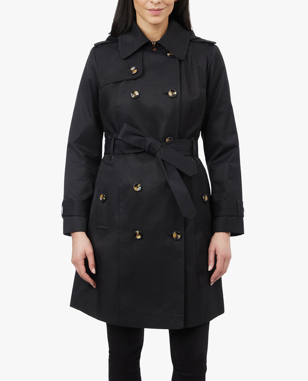 london fog DOUBLE BREASTED HOODED TRENCH COAT WITH WAIST BELT