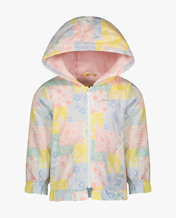 london fog GIRLS PRINTED ZIP FRONT HOODED RUFFLE RAINCOAT