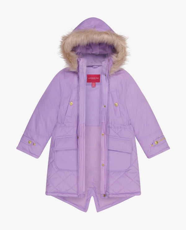 London Fog GIRLS ZIP-FRONT MID CINCH QUILTED PARKA WITH FUR TRIMMED HOOD