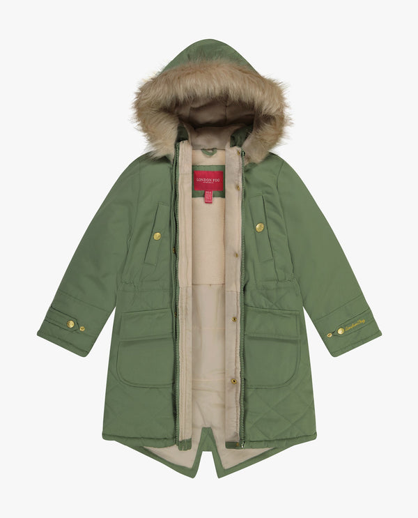 London Fog GIRLS ZIP-FRONT MID CINCH QUILTED PARKA WITH FUR TRIMMED HOOD