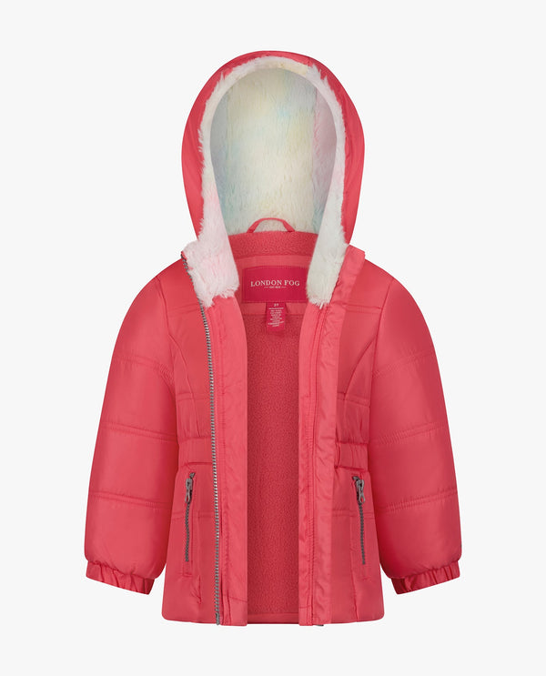 London Fog GIRLS ZIP-FRONT HOODED MID CINCH PUFFER