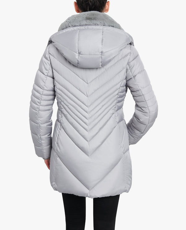 London Fog PETITE ZIP-FRONT HOODED PUFFER JACKET WITH BUTTON-OFF FUR COLLAR