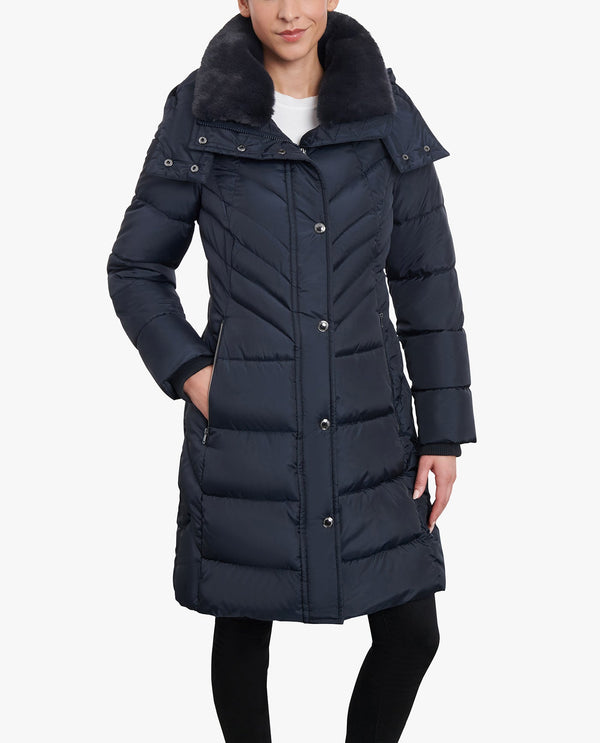 London Fog PLUS SIZE ZIP-FRONT HOODED HEAVY WEIGHT PUFFER JACKET WITH BUTTON-OFF FUR COLLAR