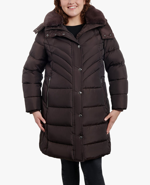 london fog PLUS SIZE ZIP-FRONT HOODED HEAVY WEIGHT PUFFER JACKET WITH BUTTON-OFF FUR COLLAR