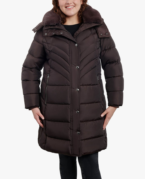 london fog PLUS SIZE ZIP-FRONT HOODED HEAVY WEIGHT PUFFER JACKET WITH BUTTON-OFF FUR COLLAR