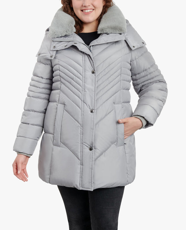 London Fog PLUS SIZE ZIP-FRONT HOODED PUFFER JACKET WITH BUTTON-OFF FUR COLLAR