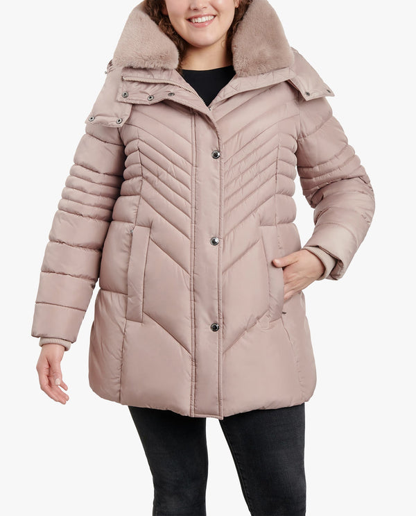 london fog PLUS SIZE ZIP-FRONT HOODED PUFFER JACKET WITH BUTTON-OFF FUR COLLAR
