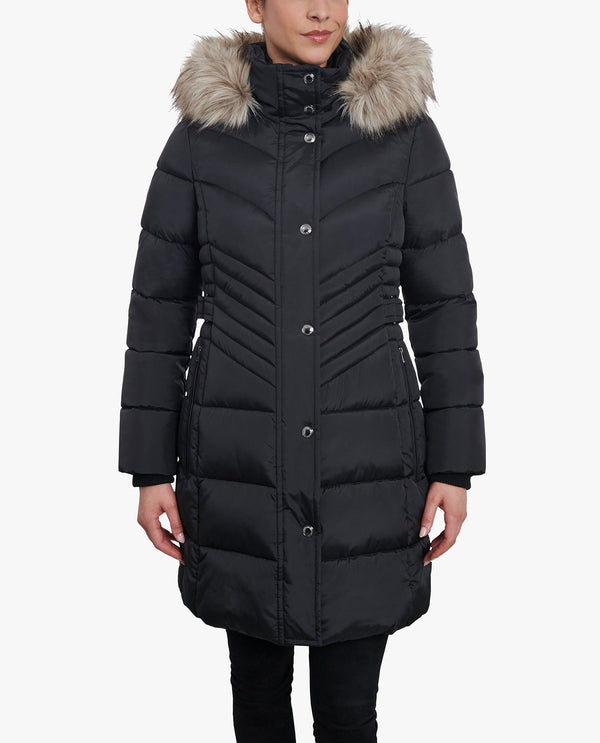 London Fog PLUS SIZE ZIP-FRONT LONG LENGTH PUFFER JACKET WITH ZIP-OFF FUR TRIM HOOD