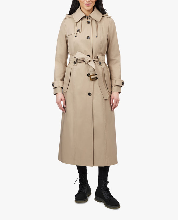 London Fog SINGLE BREASTED HOODED MAXI TRENCH WITH BELT