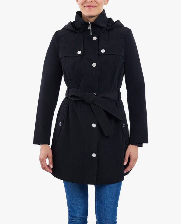 London Fog ZIP FRONT HIGH-NECK HOODED TRENCH WITH BELT