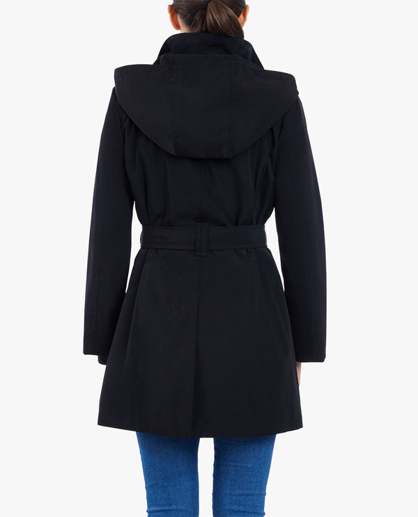 London Fog ZIP FRONT HIGH-NECK HOODED TRENCH WITH BELT