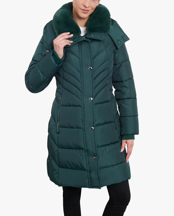 London Fog ZIP-FRONT HOODED HEAVY WEIGHT PUFFER JACKET WITH BUTTON-OFF FUR COLLAR