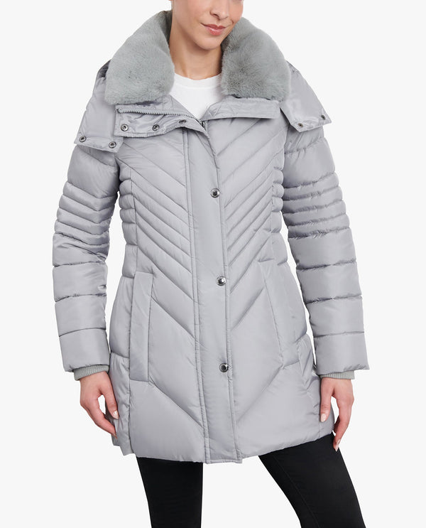 London Fog ZIP-FRONT HOODED PUFFER JACKET WITH BUTTON-OFF FUR COLLAR