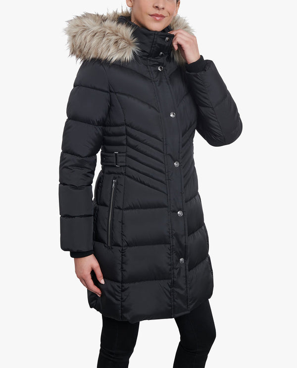 London Fog ZIP-FRONT LONG LENGTH PUFFER JACKET WITH ZIP-OFF FUR TRIM HOOD