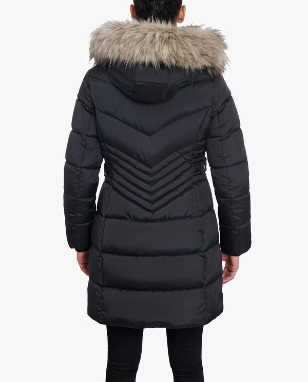London Fog ZIP-FRONT LONG LENGTH PUFFER JACKET WITH ZIP-OFF FUR TRIM HOOD
