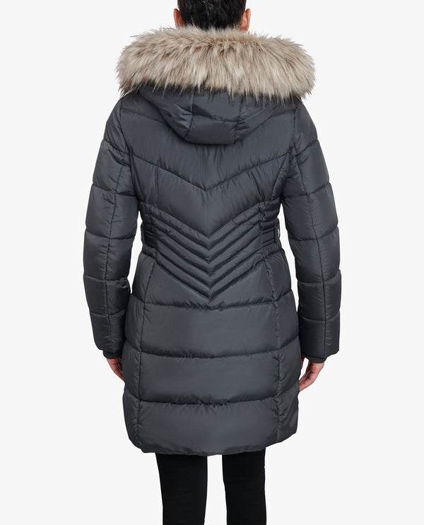 London Fog ZIP-FRONT LONG LENGTH PUFFER JACKET WITH ZIP-OFF FUR TRIM HOOD
