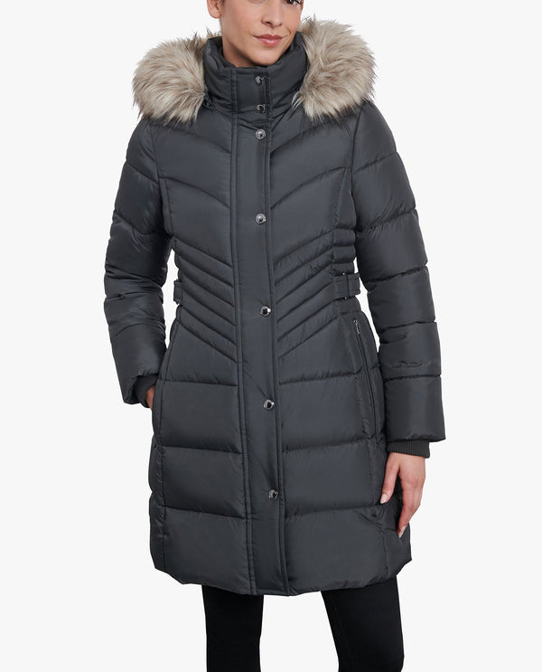 london fog ZIP-FRONT LONG LENGTH PUFFER JACKET WITH ZIP-OFF FUR TRIM HOOD