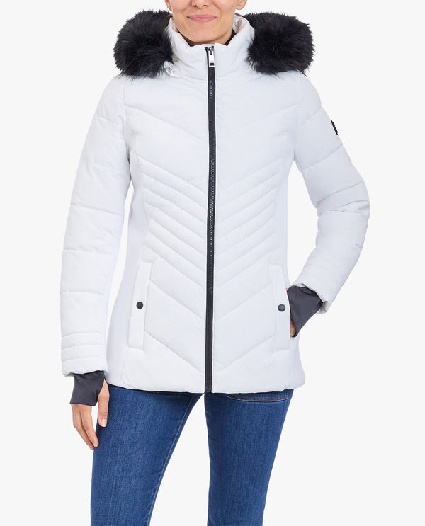 London Fog ZIP-FRONT PUFFER JACKET WITH REMOVABLE FAUX FUR TRIMMED HOOD