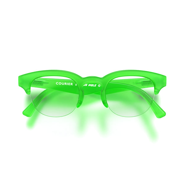 london mole Courier reading glasses in rubberised fluorescent transparent green