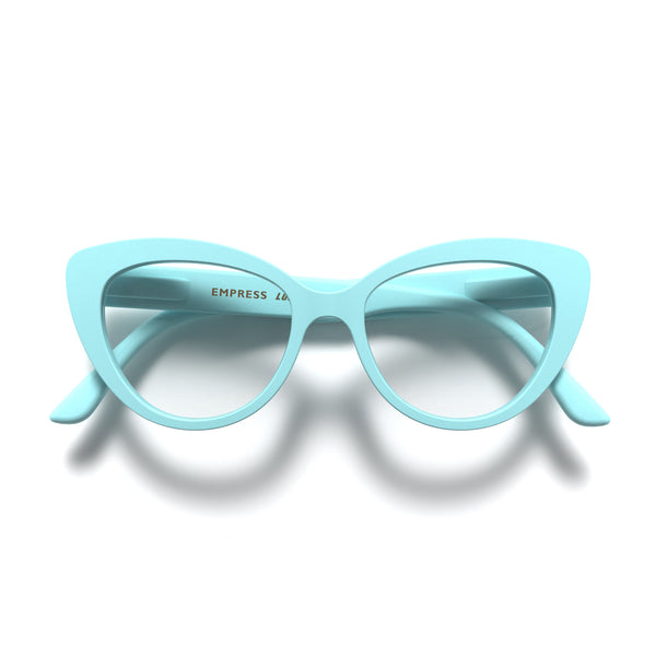 london mole Empress reading glasses in rubberised powder blue