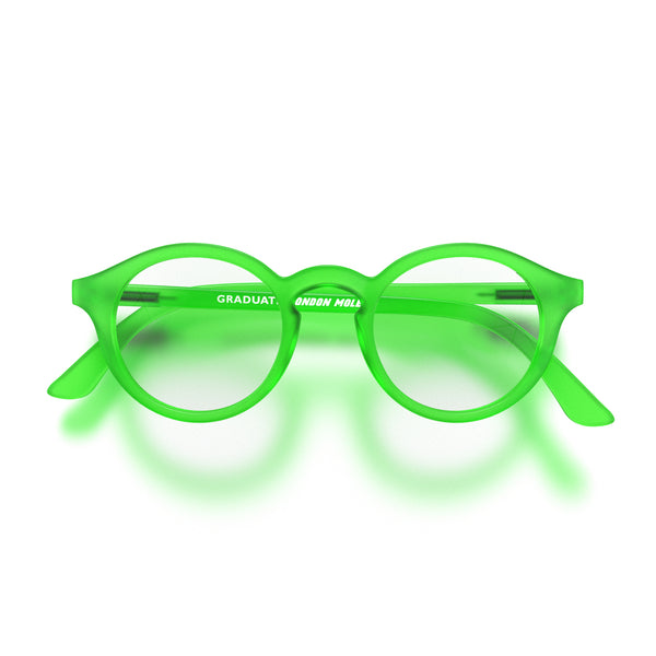 london mole Graduate reading glasses in rubberised fluorescent transparent green