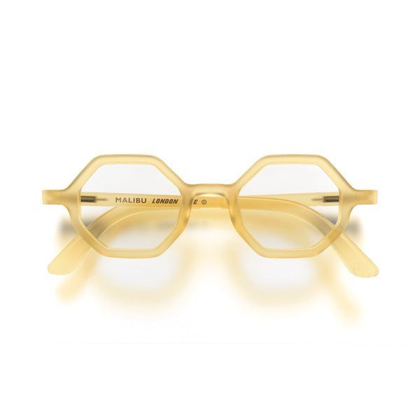 london mole Malibu reading glasses in rubberised transparent honey