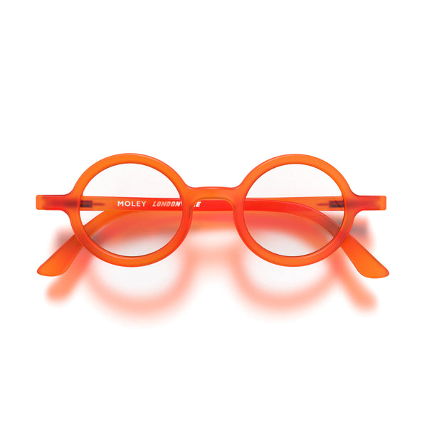 london mole Moley reading glasses in rubberised fluorescent transparent orange