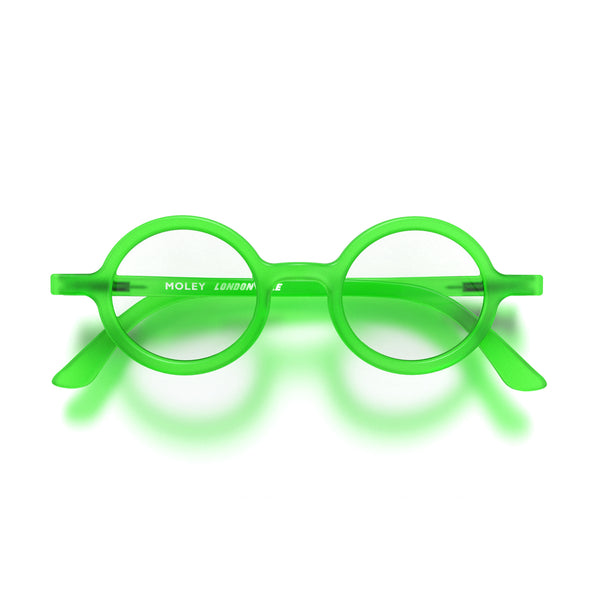 london mole Moley reading glasses in rubberised fluorescent transparent green